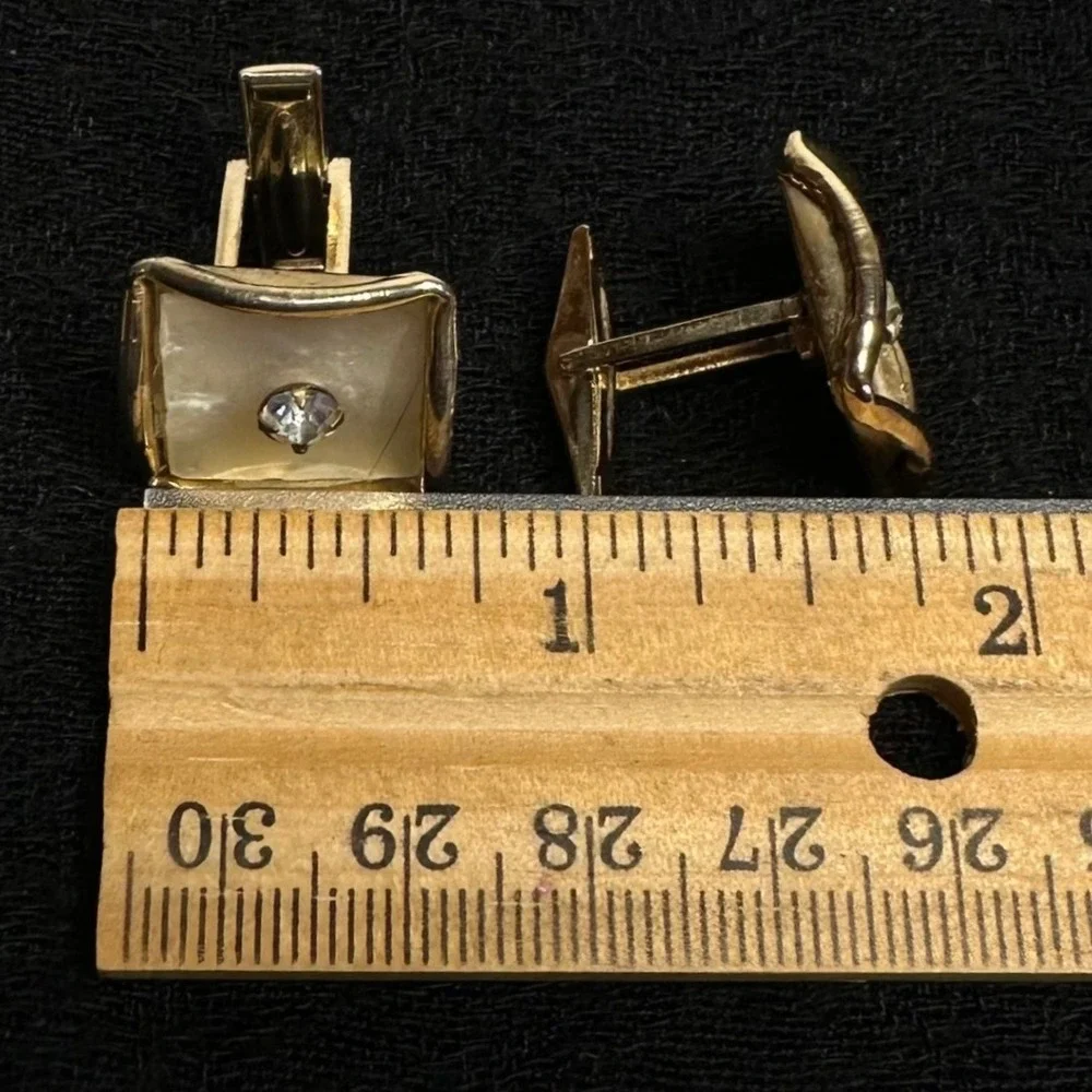 Vintage Gold Tone Cufflinks Tie‎ Bar Set MOP Rhinestone Square